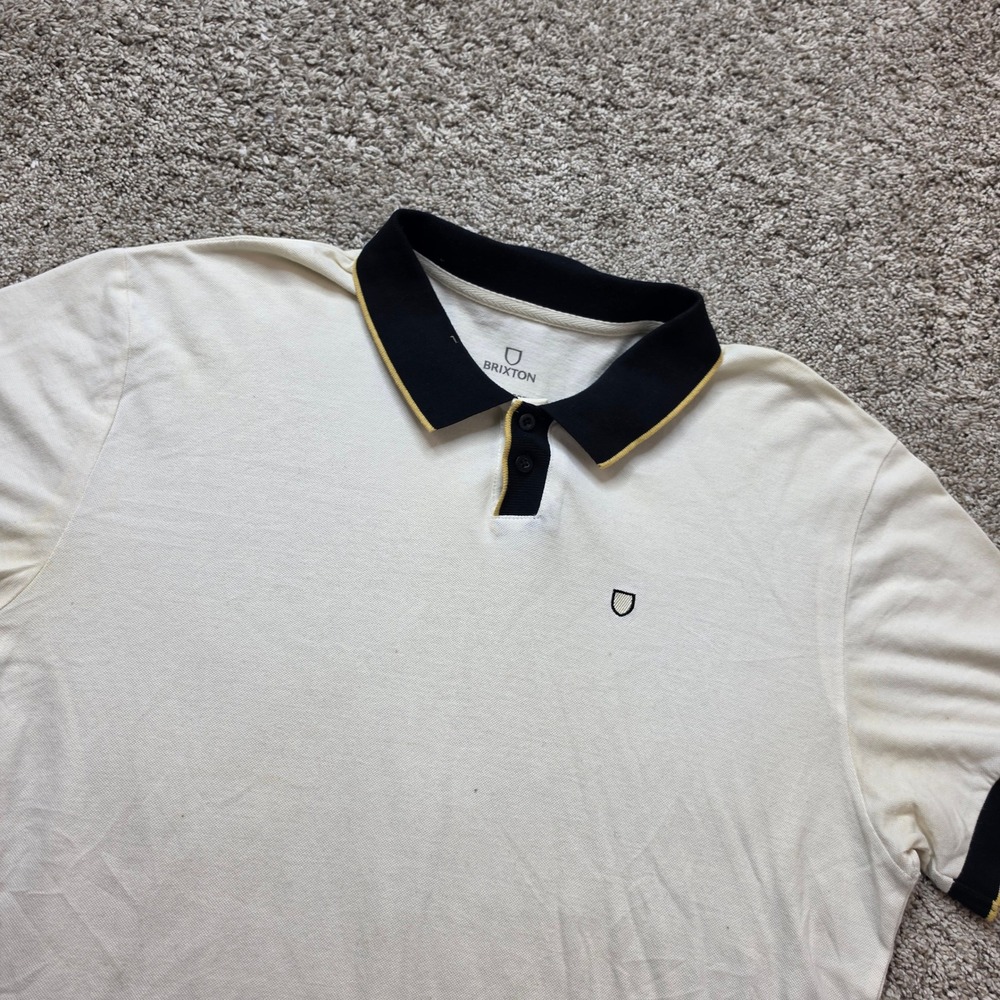 Brixton Polo Shirt Mens Large Cream Cotton Tipped Tailored Fit Skater Casual